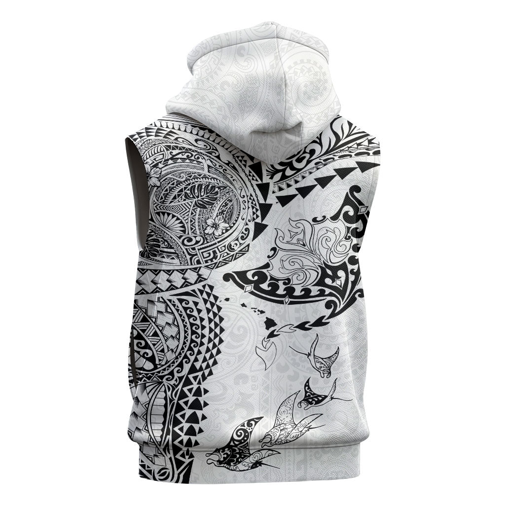 Hawaiian Manta Ray Tribal Sleeveless Hoodie Polynesian Art Motifs White Color LT03 - Polynesian Pride