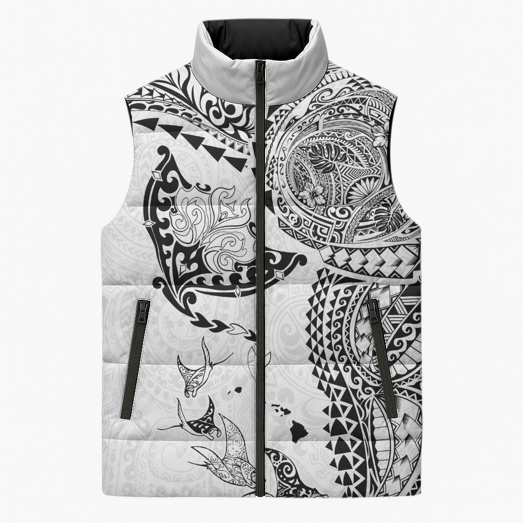 Hawaiian Manta Ray Tribal Sleeveless Puffer Jacket Polynesian Art Motifs White Color LT03 Unisex White - Polynesian Pride