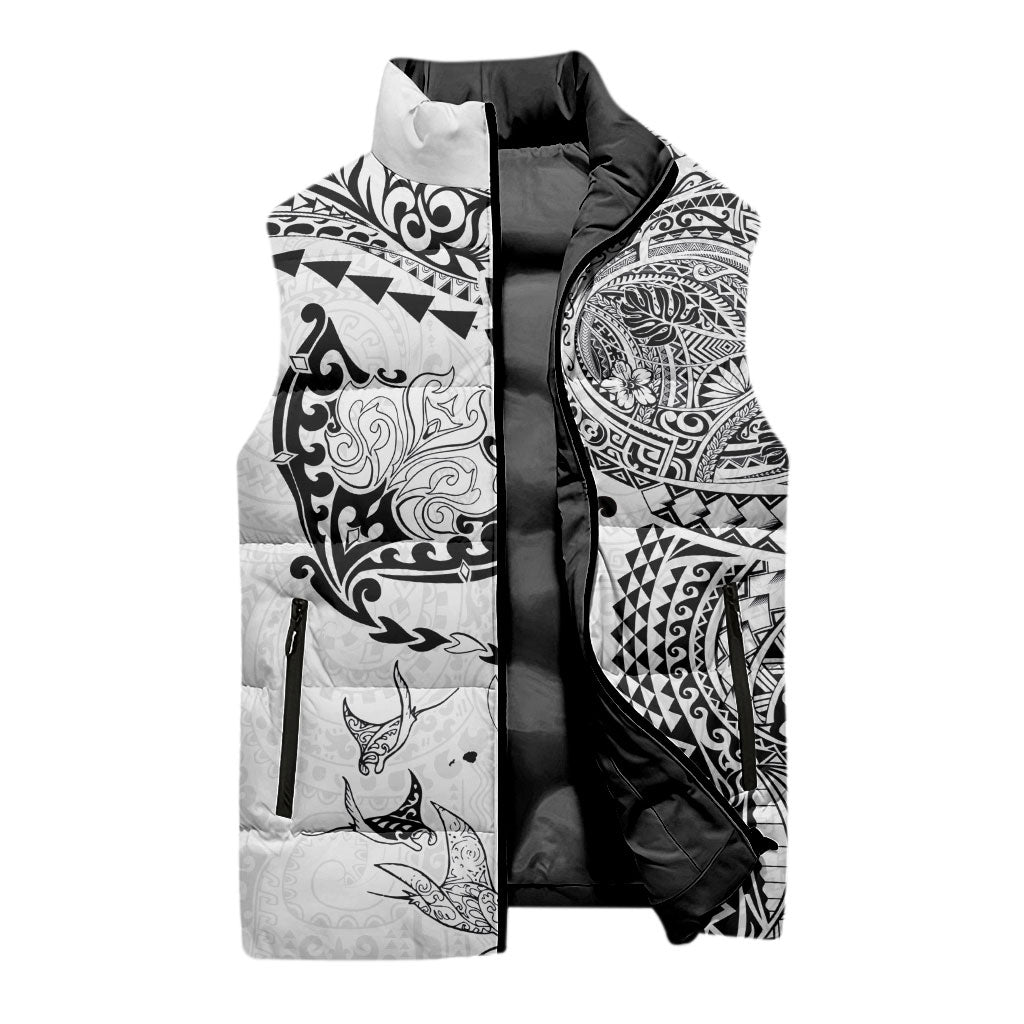 Hawaiian Manta Ray Tribal Sleeveless Puffer Jacket Polynesian Art Motifs White Color