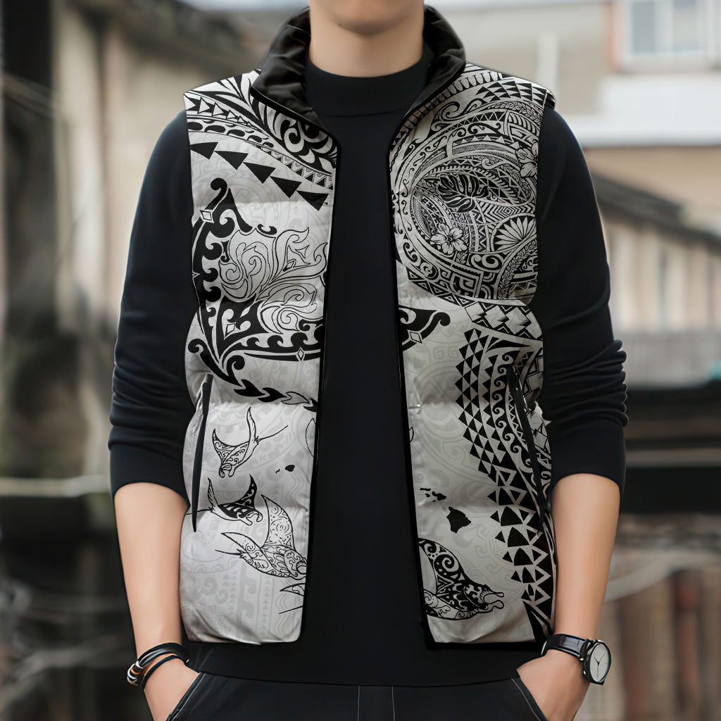Hawaiian Manta Ray Tribal Sleeveless Puffer Jacket Polynesian Art Motifs White Color