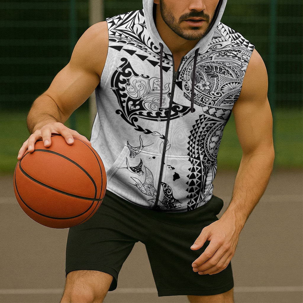 Hawaiian Manta Ray Tribal Sleeveless Zip Hoodie Polynesian Art Motifs White Color LT03 - Polynesian Pride