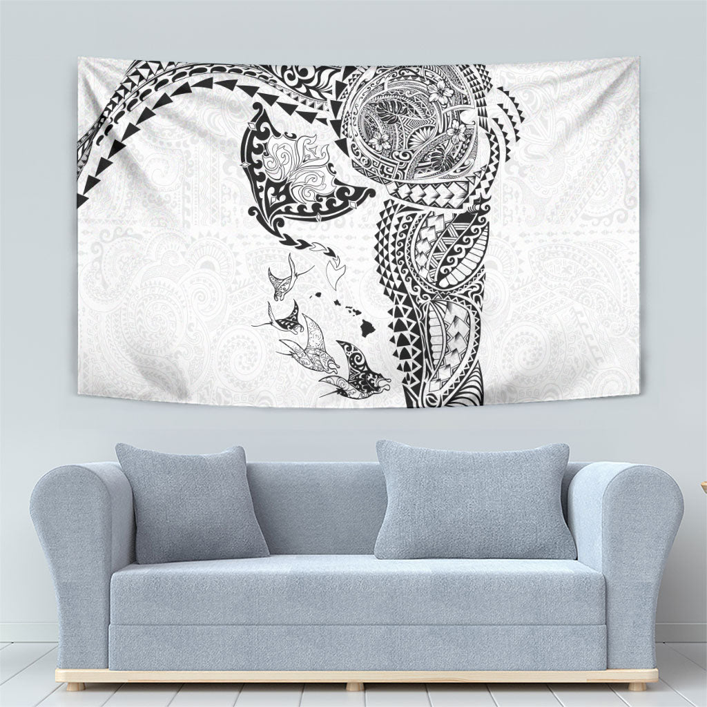 Hawaiian Manta Ray Tribal Tapestry Polynesian Art Motifs White Color LT03 - Polynesian Pride