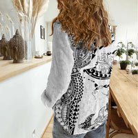 Hawaiian Manta Ray Tribal Women Casual Shirt Polynesian Art Motifs White Color LT03 - Polynesian Pride