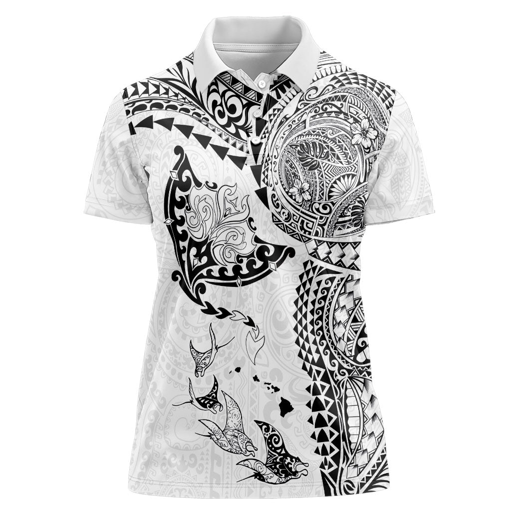 Hawaiian Manta Ray Tribal Women Polo Shirt Polynesian Art Motifs White Color LT03 Female White - Polynesian Pride