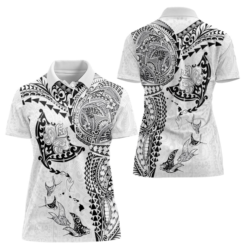 Hawaiian Manta Ray Tribal Women Polo Shirt Polynesian Art Motifs White Color LT03 - Polynesian Pride