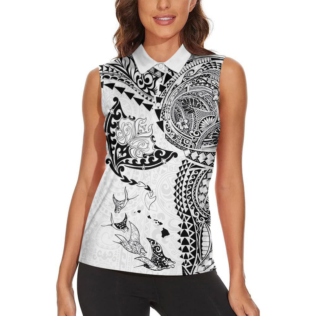 Hawaiian Manta Ray Tribal Women Sleeveless Polo Shirt Polynesian Art Motifs White Color LT03 - Polynesian Pride