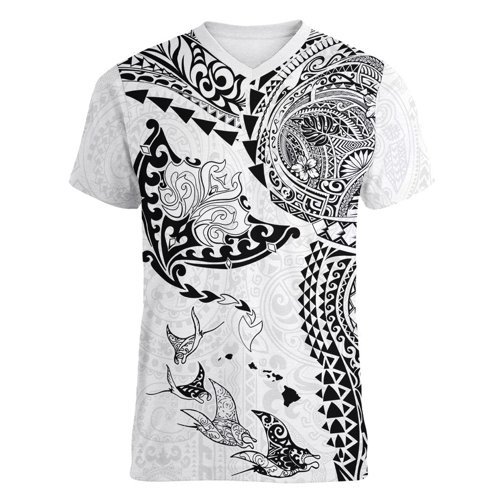 Hawaiian Manta Ray Tribal Women V-Neck T-Shirt Polynesian Art Motifs White Color LT03 Female White - Polynesian Pride