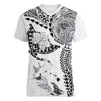 Hawaiian Manta Ray Tribal Women V-Neck T-Shirt Polynesian Art Motifs White Color LT03 Female White - Polynesian Pride