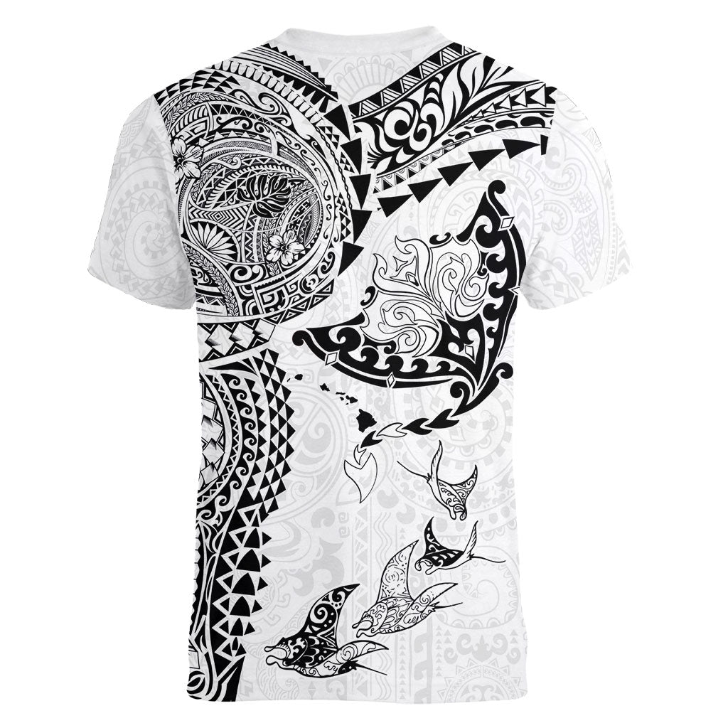 Hawaiian Manta Ray Tribal Women V-Neck T-Shirt Polynesian Art Motifs White Color LT03 - Polynesian Pride