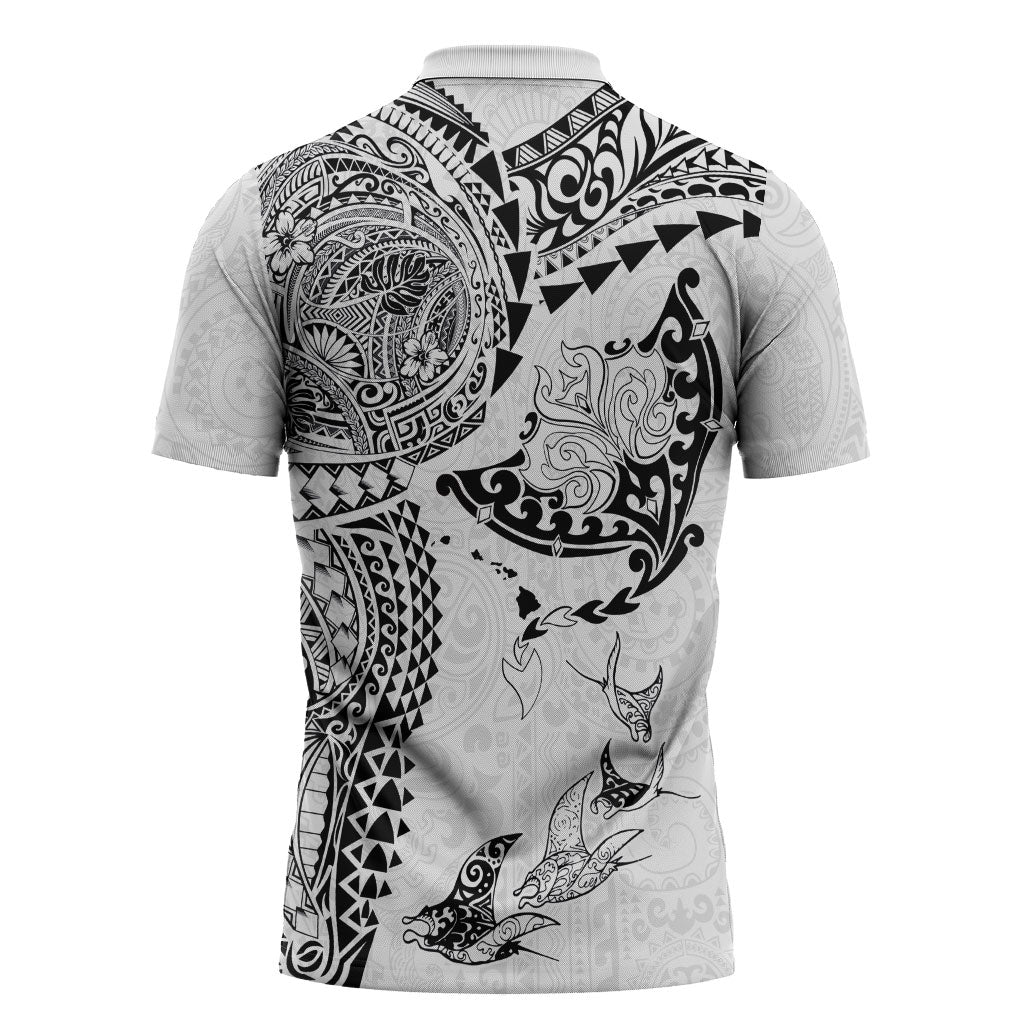 Hawaiian Manta Ray Tribal Zipper Polo Shirt Polynesian Art Motifs White Color LT03 - Polynesian Pride