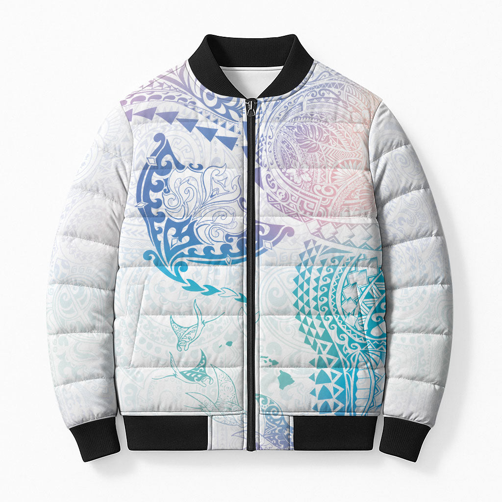 Hawaiian Manta Ray Tribal Bomber Puffer Jacket Polynesian Art Motifs Sweet Pastel LT03 Unisex Multicolor - Polynesian Pride