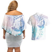 Hawaiian Manta Ray Tribal Couples Matching Off Shoulder Short Dress and Hawaiian Shirt Polynesian Art Motifs Sweet Pastel LT03 - Polynesian Pride