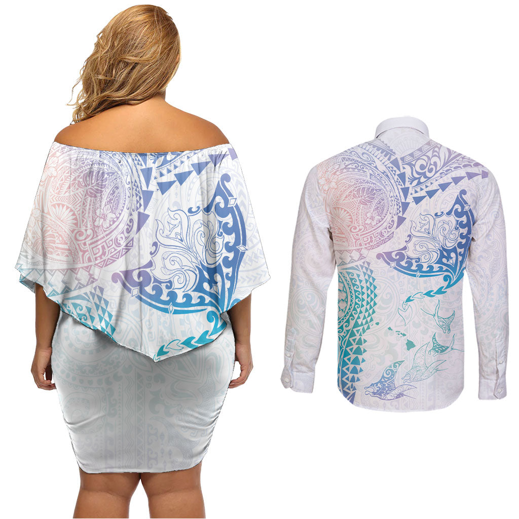 Hawaiian Manta Ray Tribal Couples Matching Off Shoulder Short Dress and Long Sleeve Button Shirt Polynesian Art Motifs Sweet Pastel LT03 - Polynesian Pride
