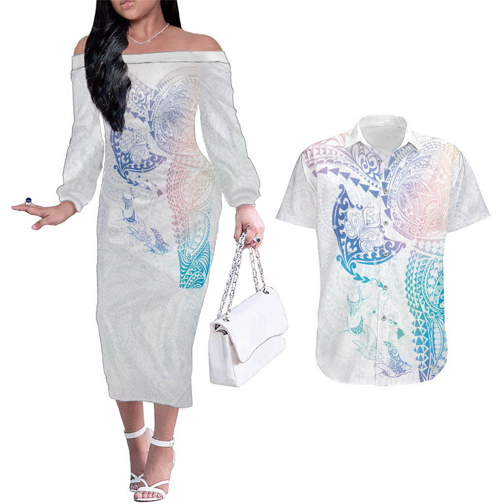 Hawaiian Manta Ray Tribal Couples Matching Off The Shoulder Long Sleeve Dress and Hawaiian Shirt Polynesian Art Motifs Sweet Pastel LT03 Multicolor - Polynesian Pride