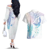 Hawaiian Manta Ray Tribal Couples Matching Off The Shoulder Long Sleeve Dress and Hawaiian Shirt Polynesian Art Motifs Sweet Pastel LT03 - Polynesian Pride