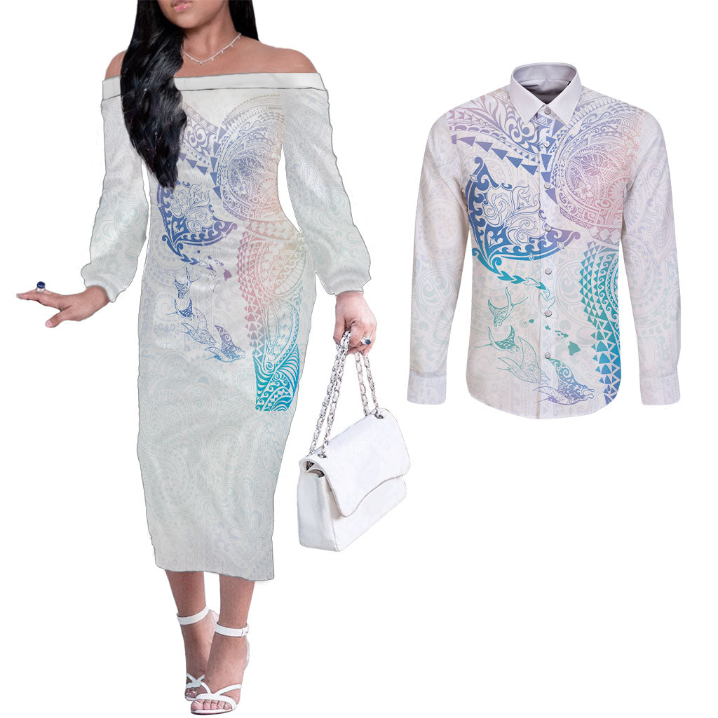 Hawaiian Manta Ray Tribal Couples Matching Off The Shoulder Long Sleeve Dress and Long Sleeve Button Shirt Polynesian Art Motifs Sweet Pastel LT03 Multicolor - Polynesian Pride