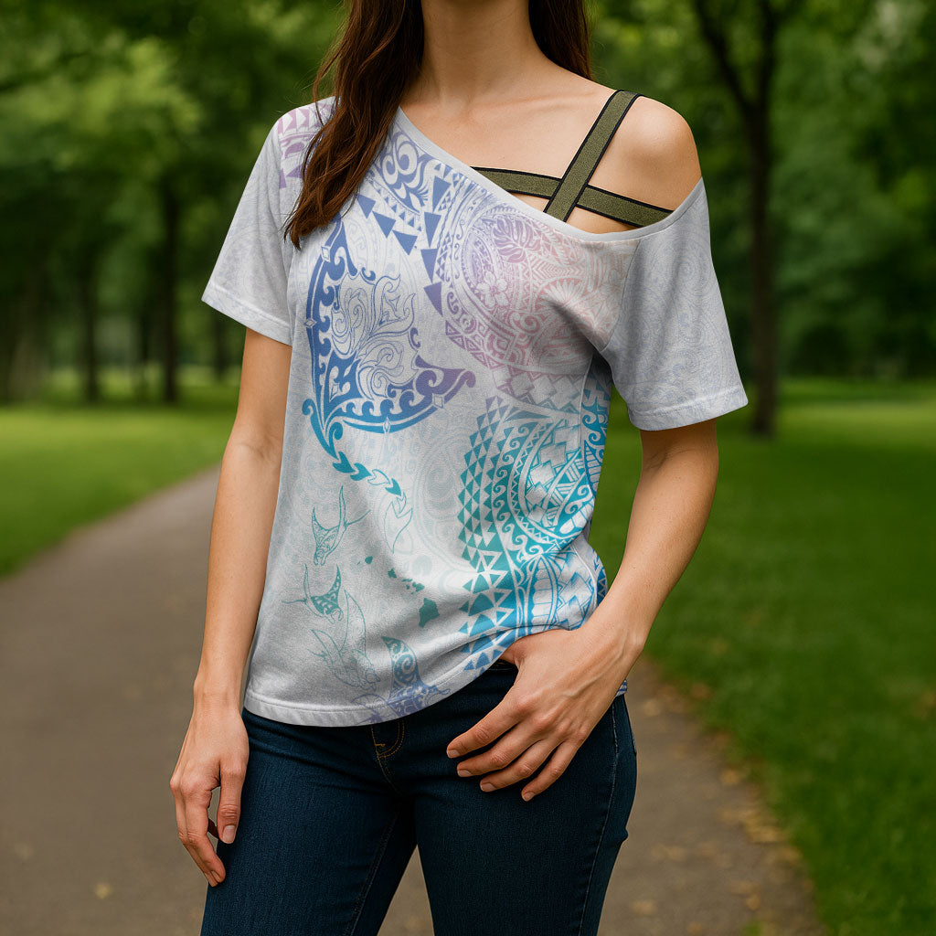 Hawaiian Manta Ray Tribal Cross Shoulder Shirt Polynesian Art Motifs Sweet Pastel LT03 - Polynesian Pride