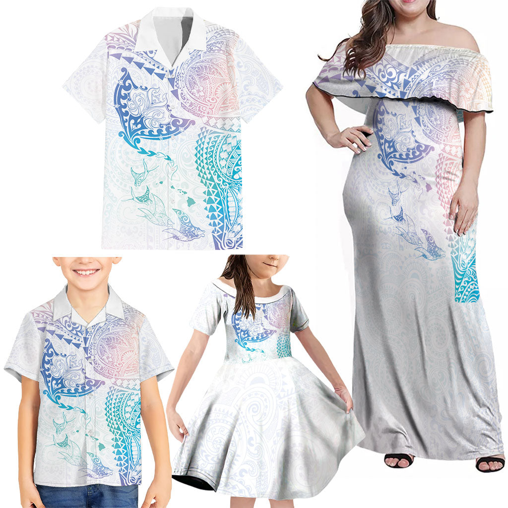 Hawaiian Manta Ray Tribal Family Matching Off Shoulder Maxi Dress and Hawaiian Shirt Polynesian Art Motifs Sweet Pastel