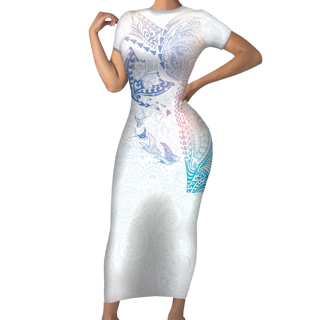 Hawaiian Manta Ray Tribal Family Matching Short Sleeve Bodycon Dress and Hawaiian Shirt Polynesian Art Motifs Sweet Pastel LT03 Mom's Dress Multicolor - Polynesian Pride