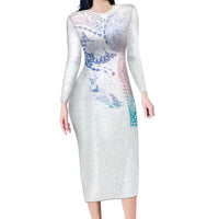 Hawaiian Manta Ray Tribal Long Sleeve Bodycon Dress Polynesian Art Motifs Sweet Pastel LT03 Long Dress Multicolor - Polynesian Pride