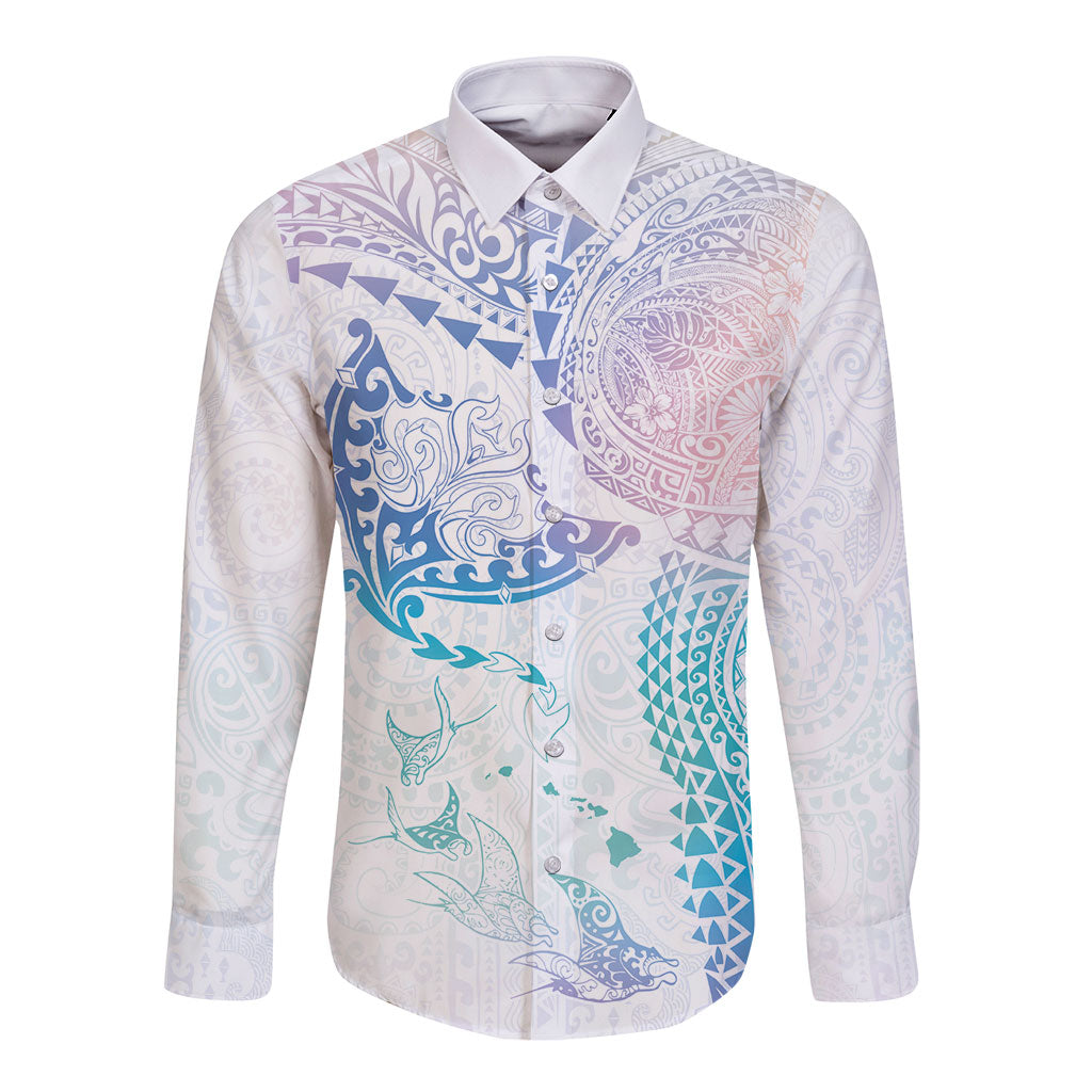 Hawaiian Manta Ray Tribal Long Sleeve Button Shirt Polynesian Art Motifs Sweet Pastel LT03 Unisex Multicolor - Polynesian Pride