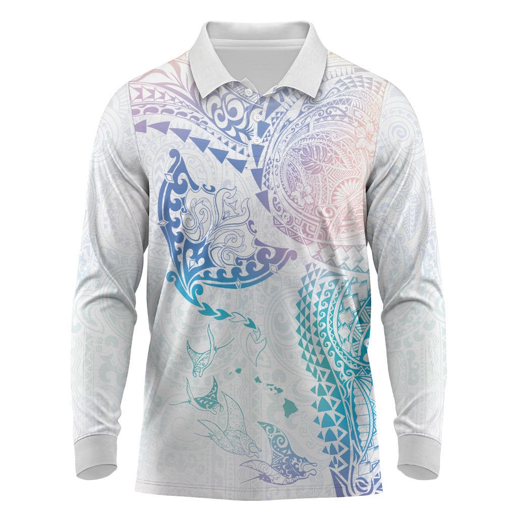 Hawaiian Manta Ray Tribal Long Sleeve Polo Shirt Polynesian Art Motifs Sweet Pastel LT03 Multicolor - Polynesian Pride