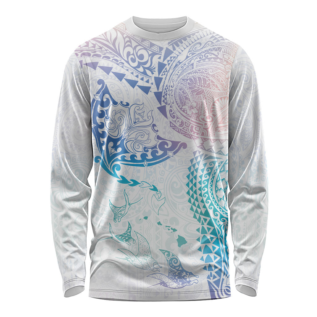 Hawaiian Manta Ray Tribal Long Sleeve Shirt Polynesian Art Motifs Sweet Pastel LT03 Unisex Multicolor - Polynesian Pride