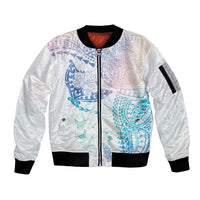 Hawaiian Manta Ray Tribal Sleeve Zip Bomber Jacket Polynesian Art Motifs Sweet Pastel