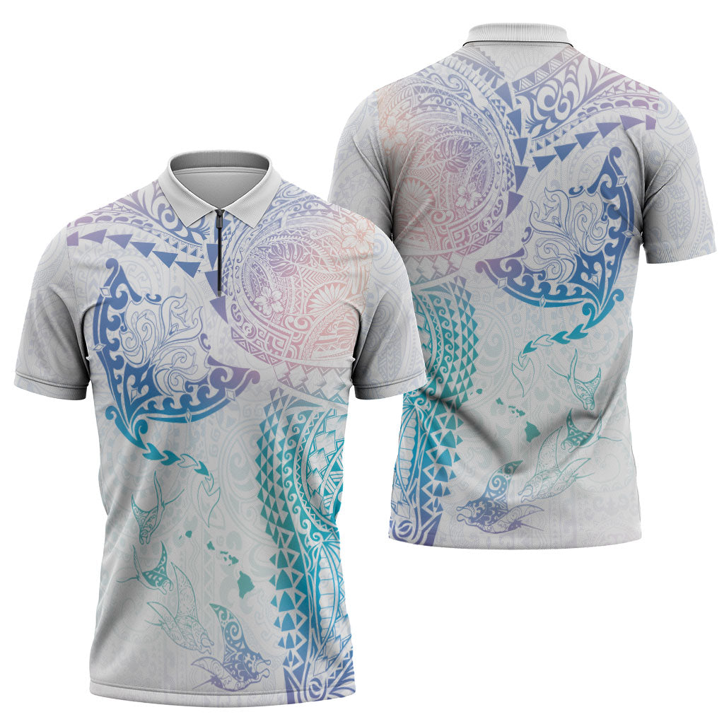 Hawaiian Manta Ray Tribal Zipper Polo Shirt Polynesian Art Motifs Sweet Pastel LT03 - Polynesian Pride