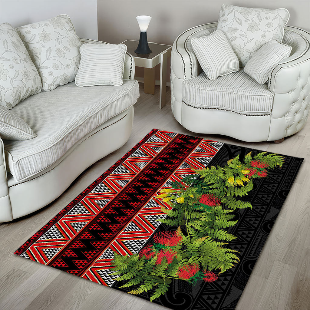 Maori Tukutuku Area Rug with Ferns Pohutukawa and Kowhai Tribal Moko Patterns