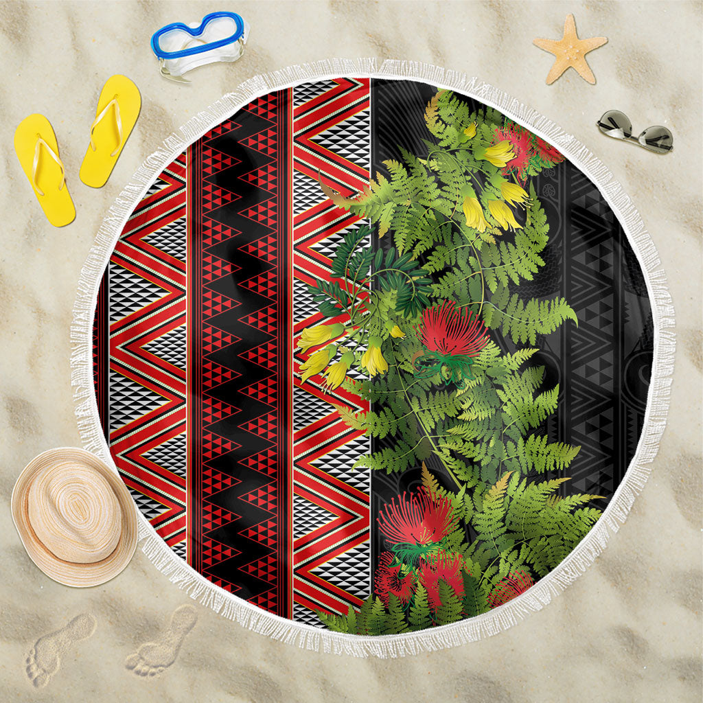 Maori Tukutuku Beach Blanket with Ferns Pohutukawa and Kowhai Tribal Moko Patterns LT03 One Size 150cm Multicolor - Polynesian Pride