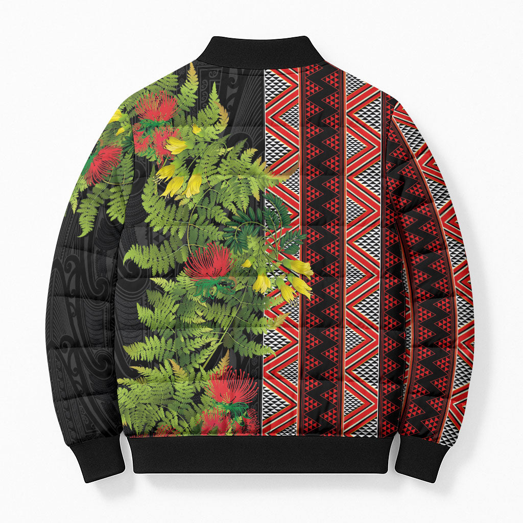 Maori Tukutuku Bomber Puffer Jacket with Ferns Pohutukawa and Kowhai Tribal Moko Patterns