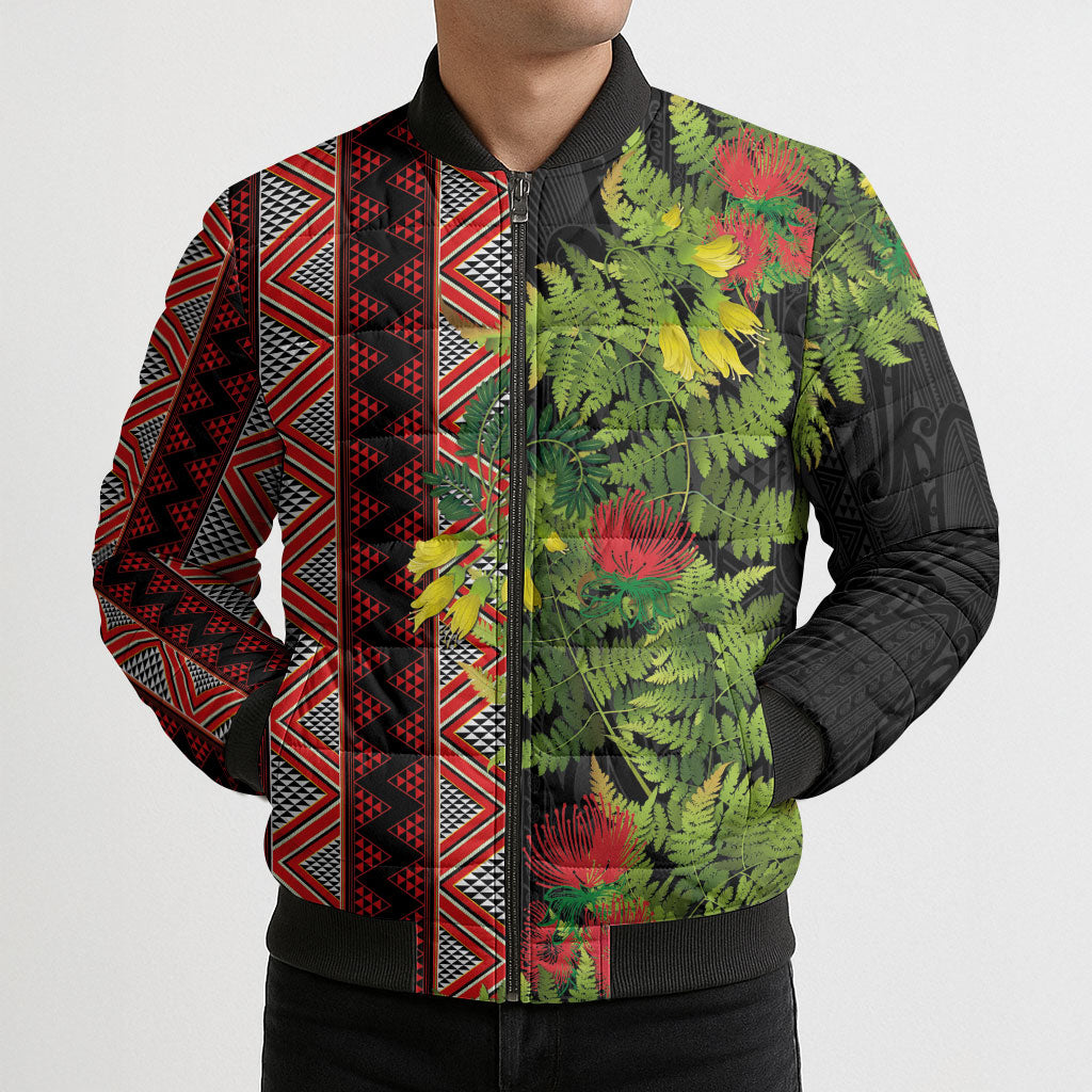 Maori Tukutuku Bomber Puffer Jacket with Ferns Pohutukawa and Kowhai Tribal Moko Patterns