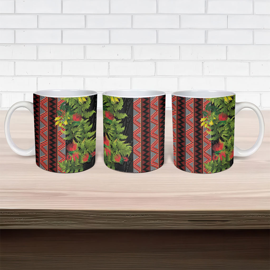 Maori Tukutuku Ceramic Mug with Ferns Pohutukawa and Kowhai Tribal Moko Patterns