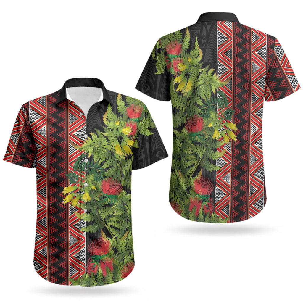 Maori Tukutuku Couples Matching Long Sleeve Bodycon Dress and Hawaiian Shirt with Ferns Pohutukawa and Kowhai Tribal Moko Patterns