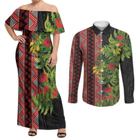 Maori Tukutuku Couples Matching Off Shoulder Maxi Dress and Long Sleeve Button Shirt with Ferns Pohutukawa and Kowhai Tribal Moko Patterns