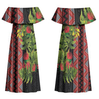 Maori Tukutuku Couples Matching Off Shoulder Maxi Dress and Long Sleeve Button Shirt with Ferns Pohutukawa and Kowhai Tribal Moko Patterns