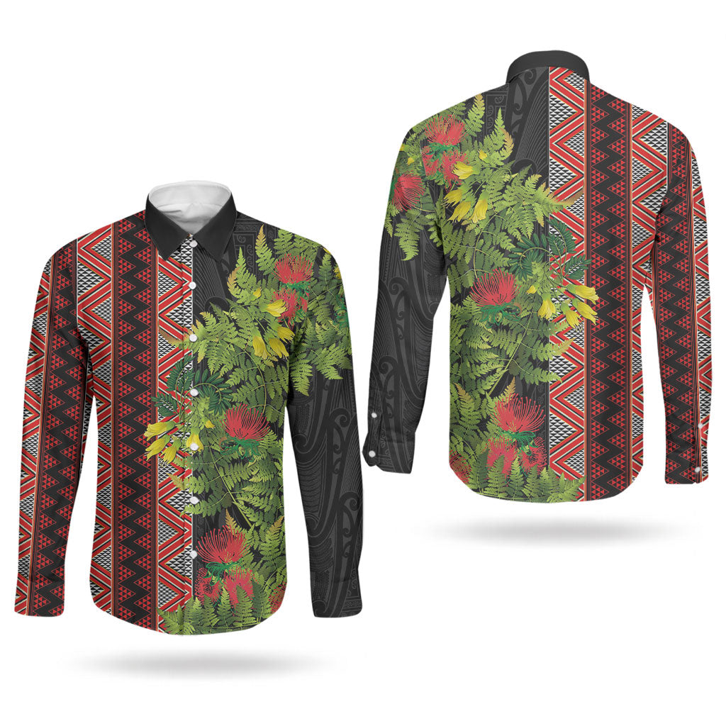 Maori Tukutuku Couples Matching Short Sleeve Bodycon Dress and Long Sleeve Button Shirt with Ferns Pohutukawa and Kowhai Tribal Moko Patterns