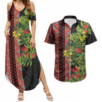 Maori Tukutuku Couples Matching Summer Maxi Dress and Hawaiian Shirt with Ferns Pohutukawa and Kowhai Tribal Moko Patterns