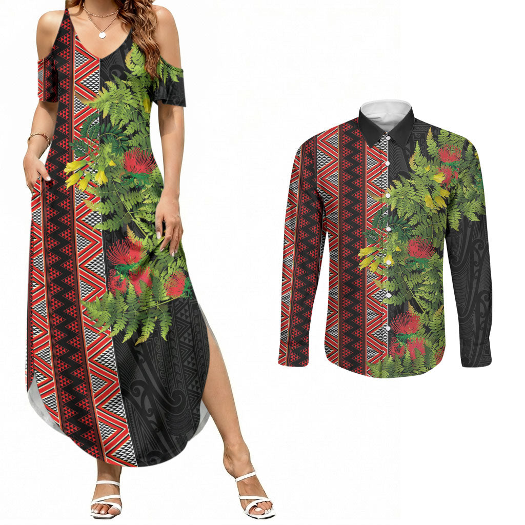 Maori Tukutuku Couples Matching Summer Maxi Dress and Long Sleeve Button Shirt with Ferns Pohutukawa and Kowhai Tribal Moko Patterns
