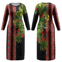 Maori Tukutuku Family Matching Long Sleeve Bodycon Dress and Hawaiian Shirt with Ferns Pohutukawa and Kowhai Tribal Moko Patterns
