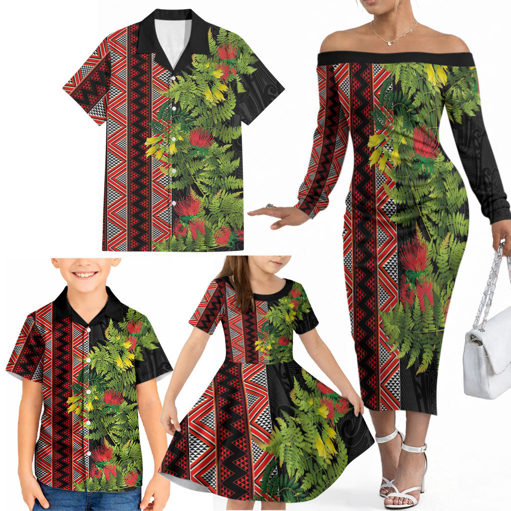Maori Tukutuku Family Matching Off The Shoulder Long Sleeve Dress and Hawaiian Shirt with Ferns Pohutukawa and Kowhai Tribal Moko Patterns