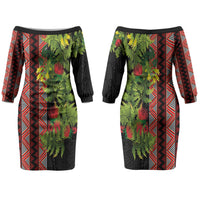 Maori Tukutuku Family Matching Off The Shoulder Long Sleeve Dress and Hawaiian Shirt with Ferns Pohutukawa and Kowhai Tribal Moko Patterns