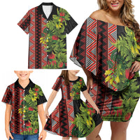 Maori Tukutuku Family Matching Off Shoulder Short Dress and Hawaiian Shirt with Ferns Pohutukawa and Kowhai Tribal Moko Patterns