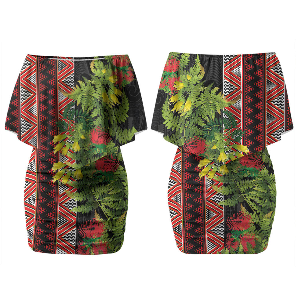 Maori Tukutuku Family Matching Off Shoulder Short Dress and Hawaiian Shirt with Ferns Pohutukawa and Kowhai Tribal Moko Patterns