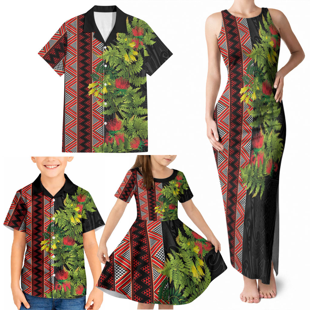 Maori Tukutuku Family Matching Tank Maxi Dress and Hawaiian Shirt with Ferns Pohutukawa and Kowhai Tribal Moko Patterns