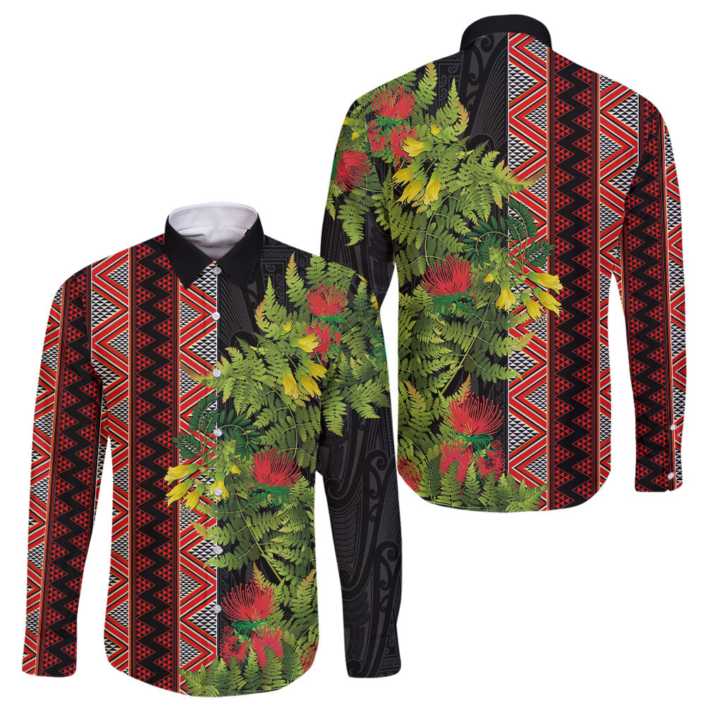 Maori Tukutuku Family Matching Tank Maxi Dress and Hawaiian Shirt with Ferns Pohutukawa and Kowhai Tribal Moko Patterns