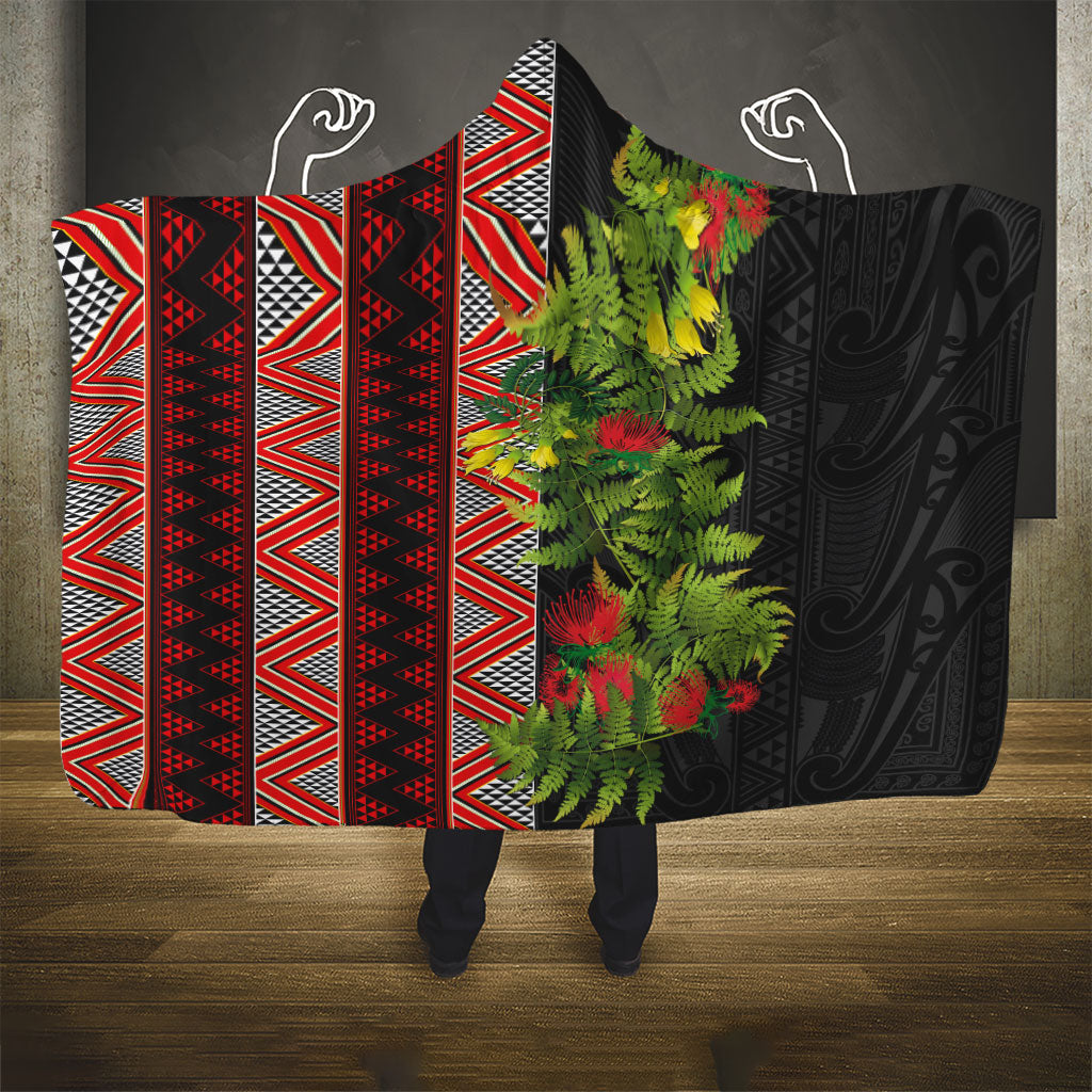 Maori Tukutuku Hooded Blanket with Ferns Pohutukawa and Kowhai Tribal Moko Patterns