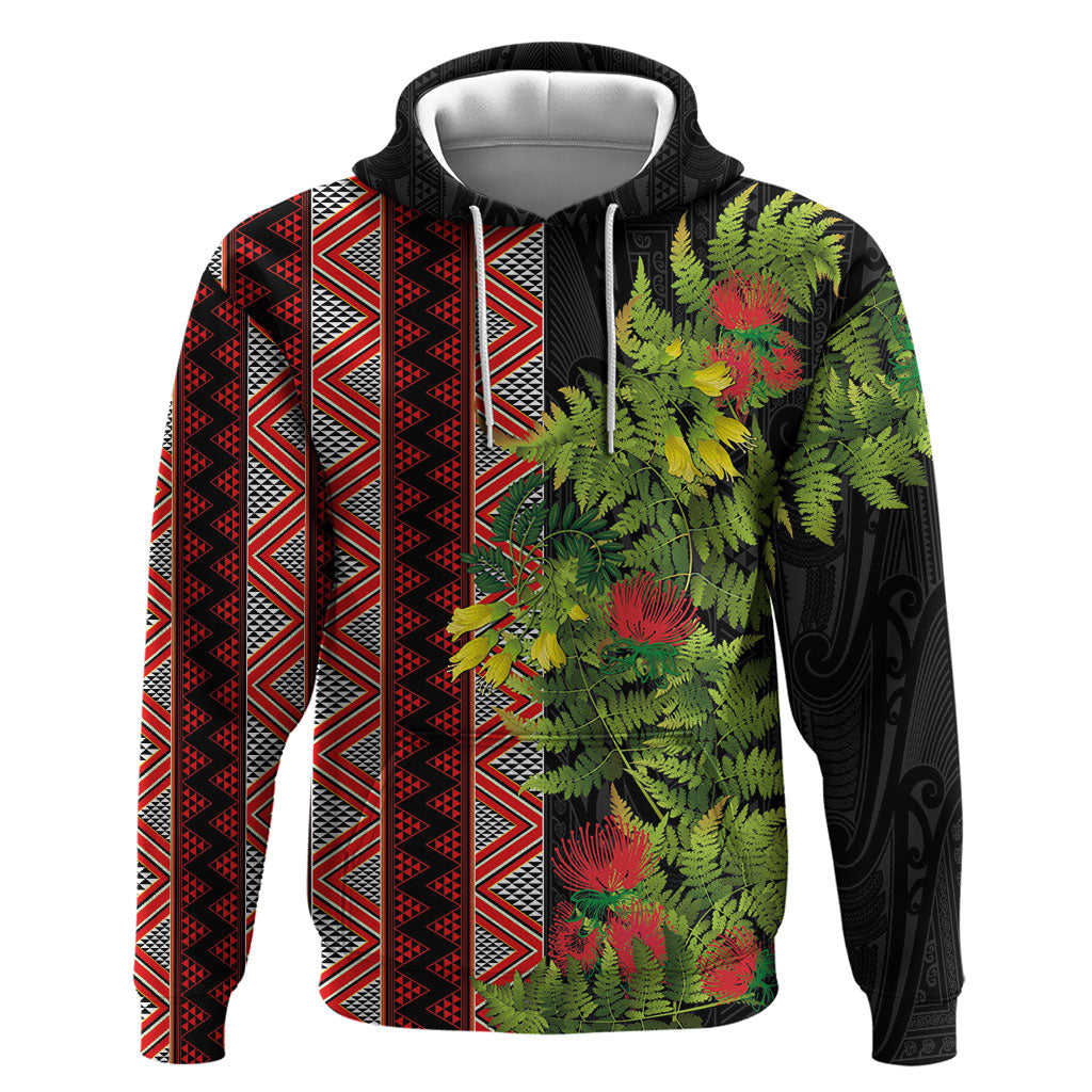 Maori Tukutuku Hoodie with Ferns Pohutukawa and Kowhai Tribal Moko Patterns