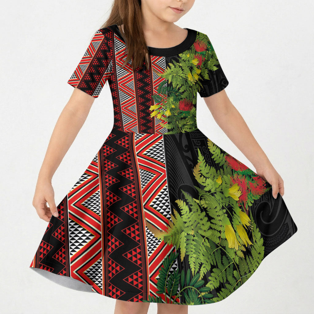 Maori Tukutuku Kid Short Sleeve Dress with Ferns Pohutukawa and Kowhai Tribal Moko Patterns